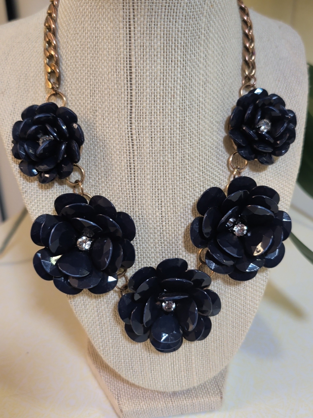 Floral Statement Necklace - Navy Blue Flower Bib